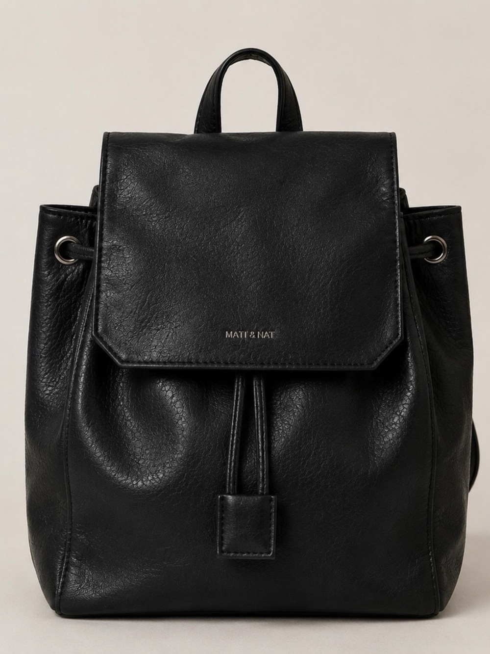 Matt & Nat Black Vegan Leather Flap Drawstring Backpack